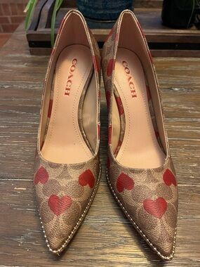 Coach Signature Canvas Pointed Pumps with Red Heart Motif
